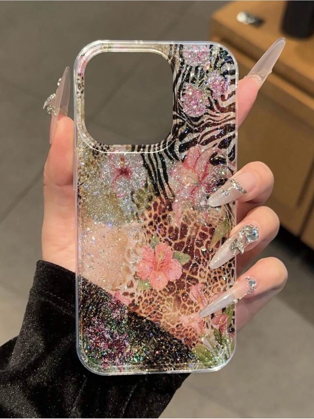 Floral Glitter Leopard Print Clear iPhone 15 Case - Pink